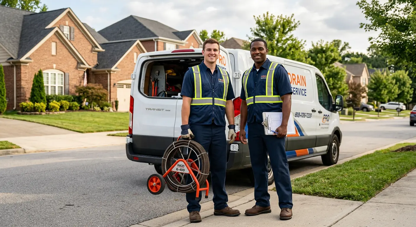 Sewer and drain service team with equipment ready for work in Montevallo