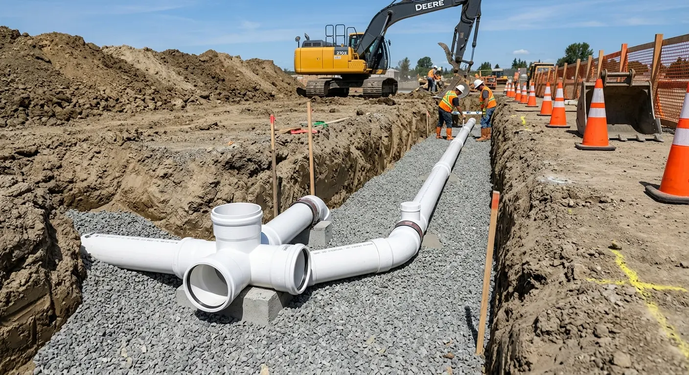 New PVC sewer pipe installation in open trench for Commercial Drain Cleaning in Montevallo