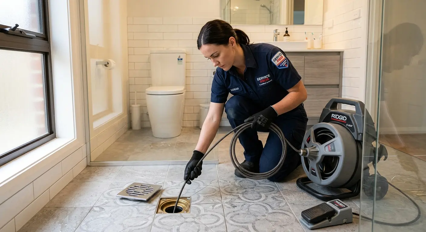 Technician clearing a bathroom floor drain for Hydro Jetting in Montevallo